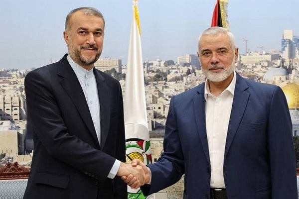 Iranian Foreign Minister Hossein Amir Abdollahian and Hamas’ Political Bureau Chief Ismail Haniyeh meet in Doha, Qatar