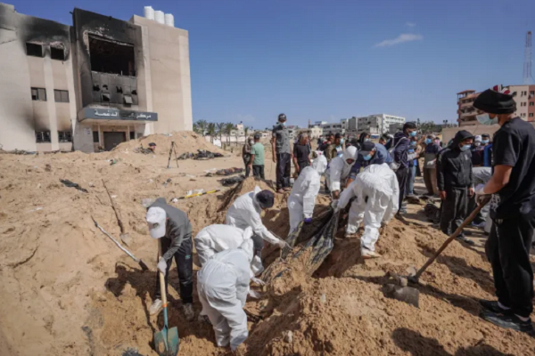 A mass grave was found in a hospital’s courtyard in Khan Yunis, the Gaza Strip