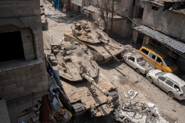 An Israeli tank destroyed in Gaza