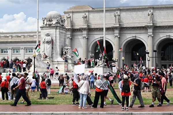 People held a demonstration in Washington, DC on Wednesday, July 24, 2024, to protest Benjamin Netanyahu's address to the US Congress.