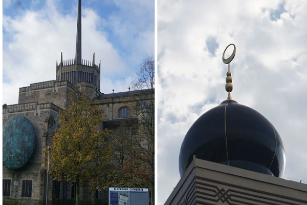 A church and a mosque in UK's Lancashire