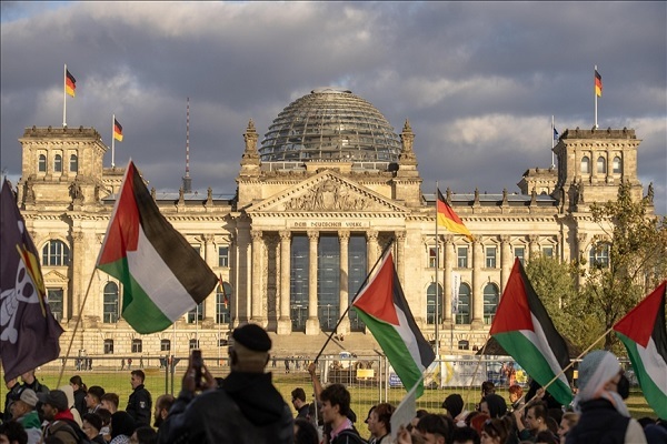 Demonstrators gathered in the German capital on Tuesday, December 16, 2025, for a torchlight march in support of Palestinians, protesting Israel's continued attacks on the Gaza Strip.