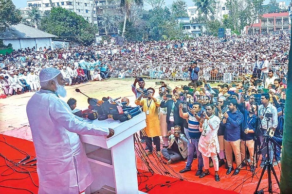 Shafiqur Rahman, head of Jamaat-e-Islami party in Bangladesh, addressing a public rally on February 22, 2025.