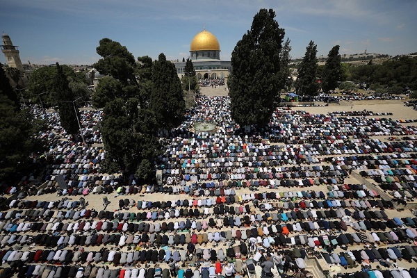Worshippers at Al-Aqsa Mosque in the holy city of Al-Quds