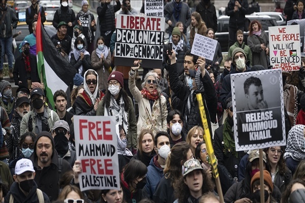 A rally in support of pro-Palestinian activist Mahmoud Khalil in Times Square.