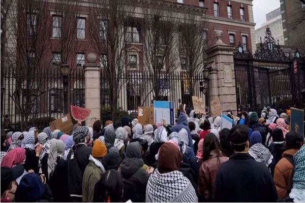 Pro-Palestinian student protesters demonstrate outside Barnard College in New York City on February 27, 2024.