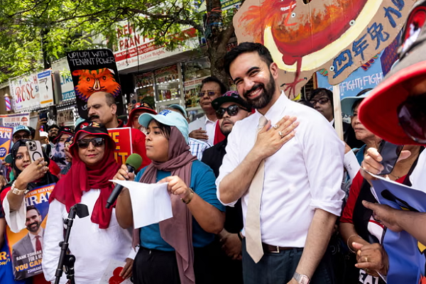 Zohran Mamdani holds a campaign rally in the Jackson Heights neighborhood of Queens, New York, on 21 June 2025.