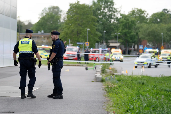 Police patrolling the area in the southern Swedish town of Hultsfred where a fire destroyed a mosque overnight Tuesday, September 23, 2025.