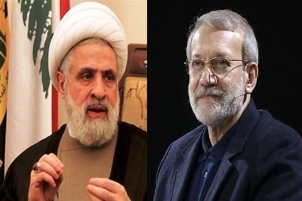 Hezbollah Secretary General Sheikh Naim Qassem (L) and Secretary of Iran’s Supreme National Security Council Ali Larijani (R)