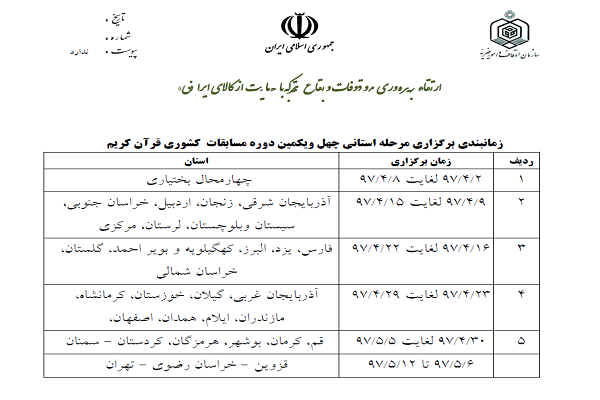 زمانبندی مرحله استانی مسابقات سراسری قرآن کریم پنجشنبه یا جمعه//////اعلام زمانبندی مرحله استانی مسابقات سراسری قرآن / برگزاری رقابتهای استان تهران در مردادماه