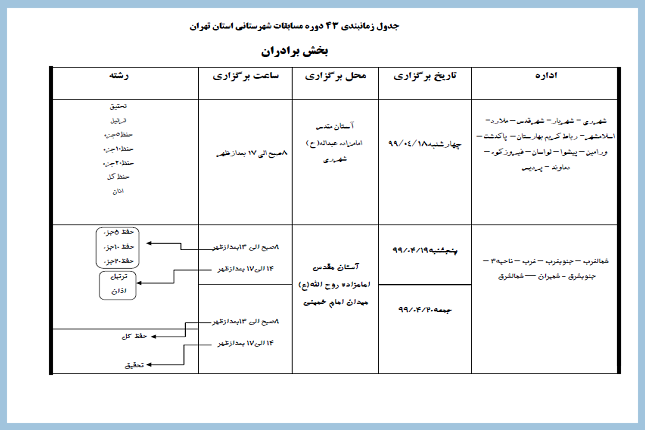 اعلام زمان برپایی مرحله شهرستانی مسابقات قرآن استان تهران اعلام زمان برپایی مرحله شهرستانی مسابقات قرآن استان تهران