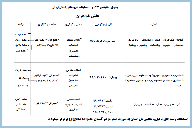 اعلام زمان برپایی مرحله شهرستانی مسابقات قرآن استان تهران اعلام زمان برپایی مرحله شهرستانی مسابقات قرآن استان تهران