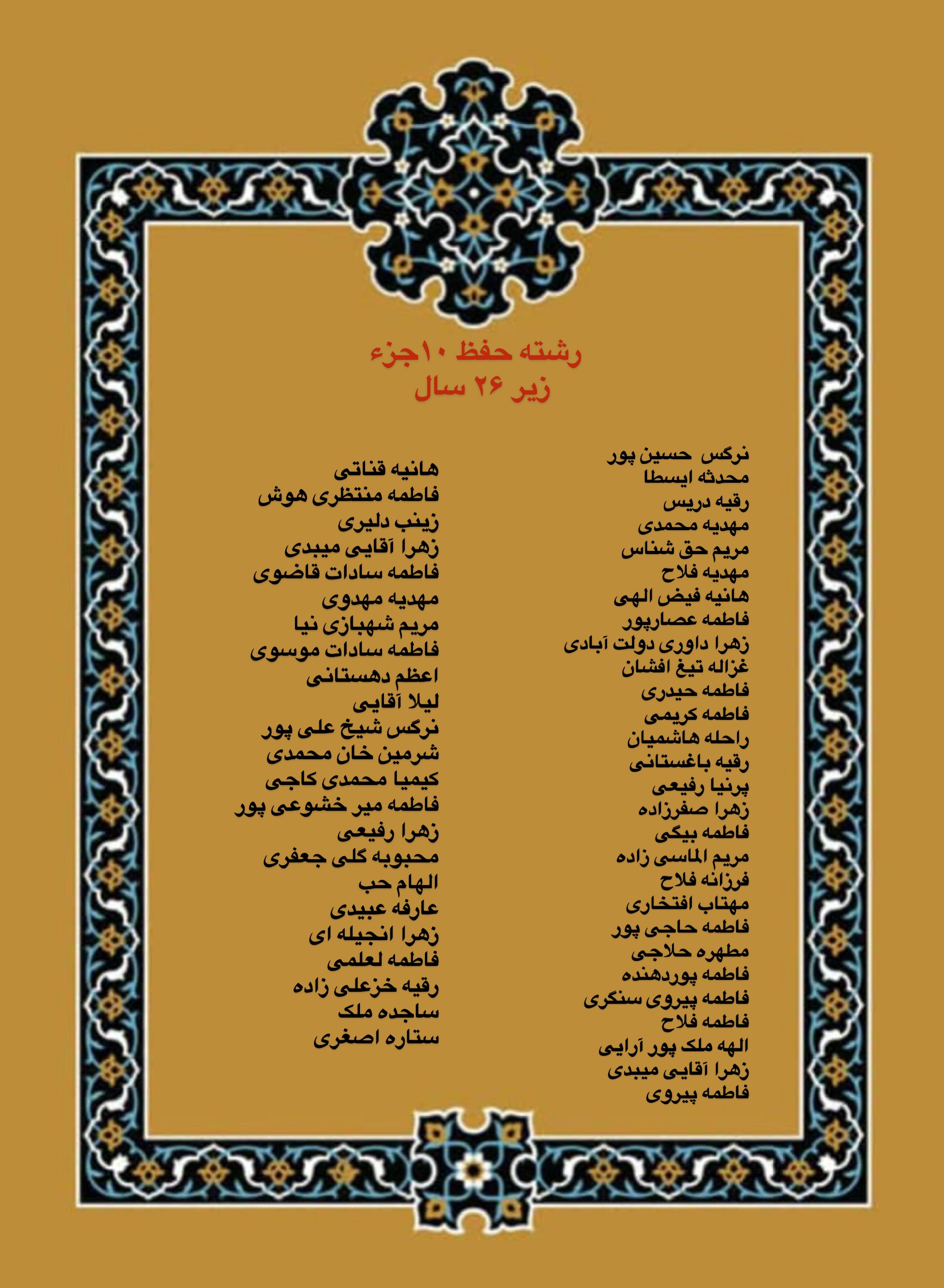 درحال تکمیل///اعلام فینالیستهای بخش بانوان مسابقات دارالقرآن امام علی(ع)/ رقابت اول آبان درحال تکمیل///اعلام فینالیستهای بخش بانوان مسابقات دارالقرآن امام علی(ع)/ رقابت اول آبان