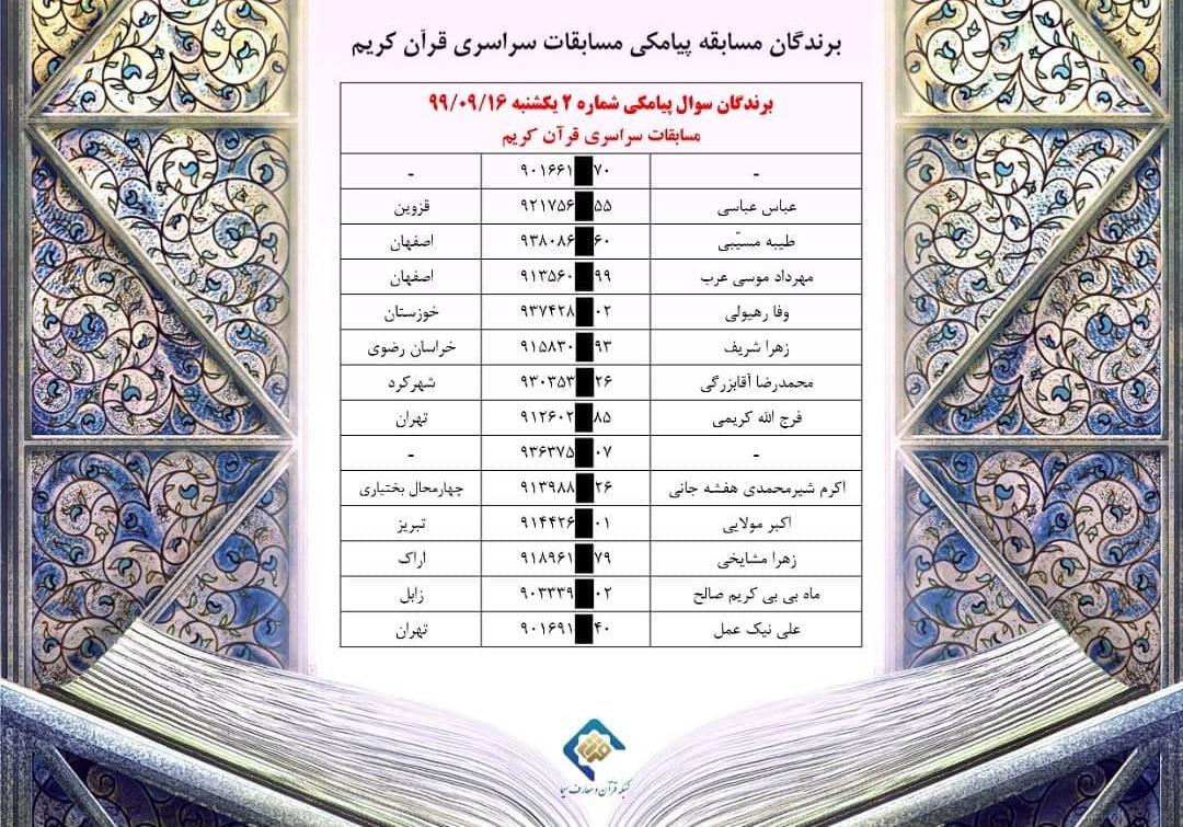 مسابقه پیامکی شب سوم مسابقات سراسری قرآن کریم مسابقه پیامکی شب سوم مسابقات سراسری قرآن کریم