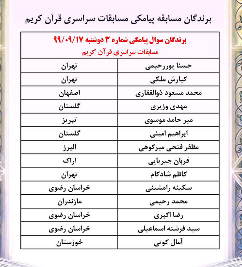 سوال پیامکی چهارمین شب مسابقات سراسری قرآن
