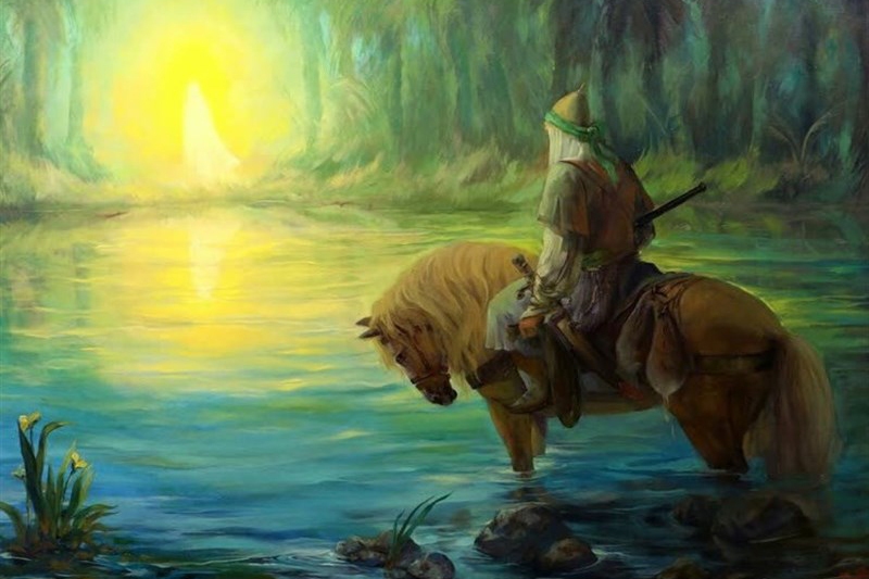 تصویر نقاشی حضرت عباس در برکه در حال تکمیل/ صوت | مشک برداشت که سیراب کند دریا را