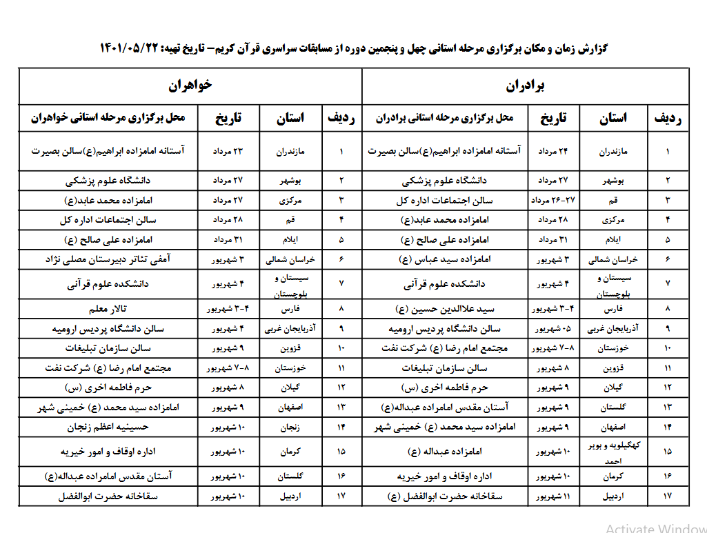 اعلام زمان مرحله استانی مسابقات قرآن سازمان اوقاف + جدول اعلام زمان مرحله استانی مسابقات قرآن سازمان اوقاف + جدول