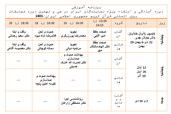 اعلام زمانبندی دوره برخط آموزشی نمایندگان ایران در مسابقات بینالمللی قرآن اعلام زمانبندی دوره برخط آموزشی نمایندگان ایران در مسابقات بینالمللی قرآن