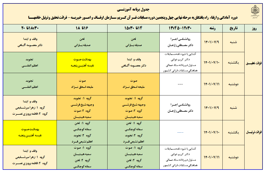 برگزاری دوره آمادگی راه یافتگان به مرحله کشوری مسابقات قرآن + جدول زمانی برگزاری دوره آمادگی راه یافتگان به مرحله کشوری مسابقات قرآن + جدول زمانی