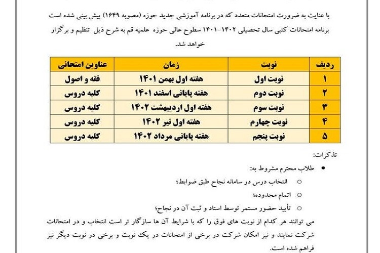 برنامه امتحانات سطوح عالی حوزه علمیه قم اعلام شد