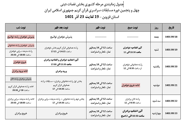 اعلام برنامه زمانی مرحله نهایی بخش نغماتی مسابقات سراسری قرآن اعلام برنامه زمانی مرحله نهایی بخش نغماتی مسابقات سراسری قرآن