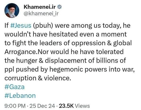 اگر عیسی(ع) در میان ما بود، لحظه‌ای در مبارزه با سران ظلم درنگ نمی‌کرد