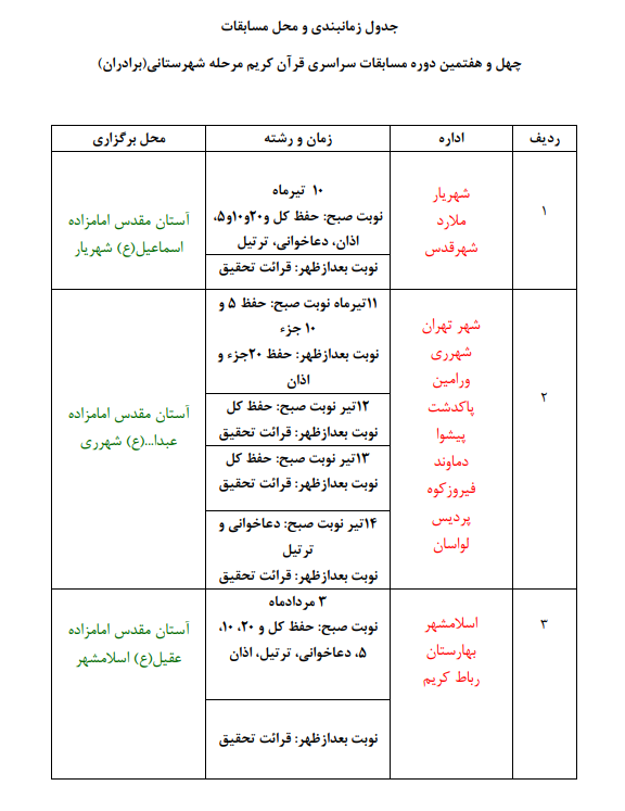 برنامه مرحله شهرستانی مسابقات سراسری قرآن در تهران + جدول زمانی برنامه مرحله شهرستانی مسابقات سراسری قرآن در تهران + جدول زمانی