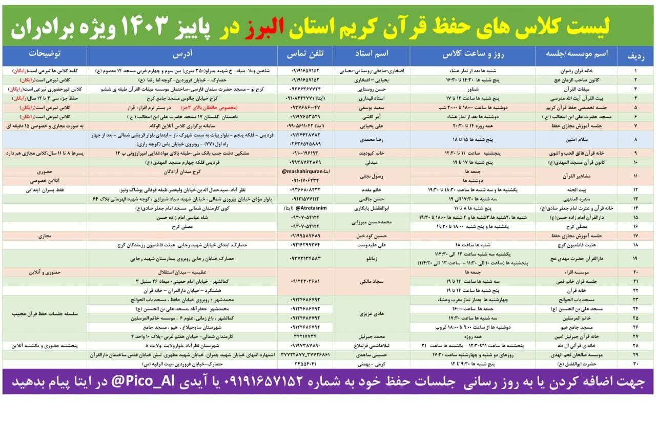 انتشار جدول جلسات آموزش حفظ قرآن استان البرز در پاییز