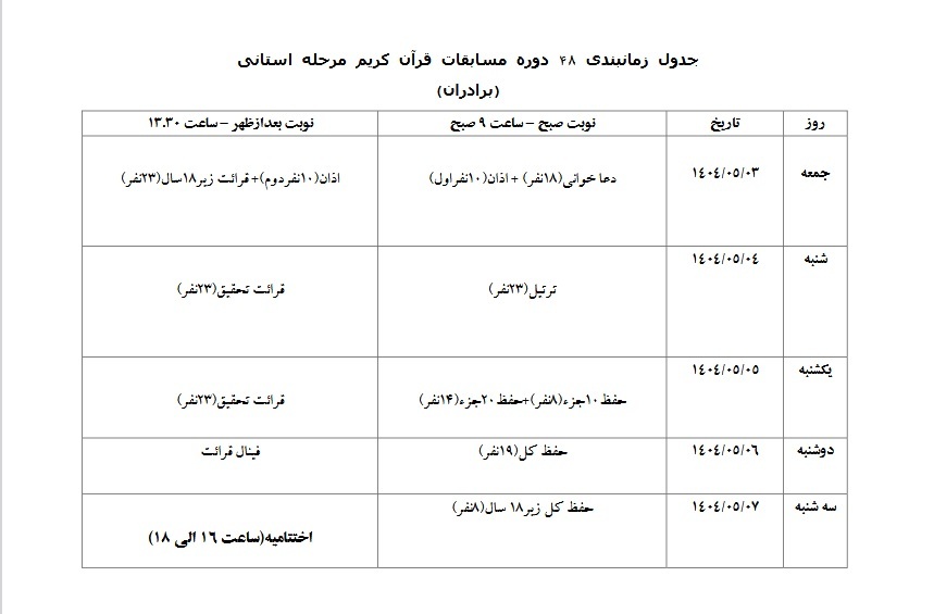اعلام برنامه زمانی مسابقات قرآن استان تهران